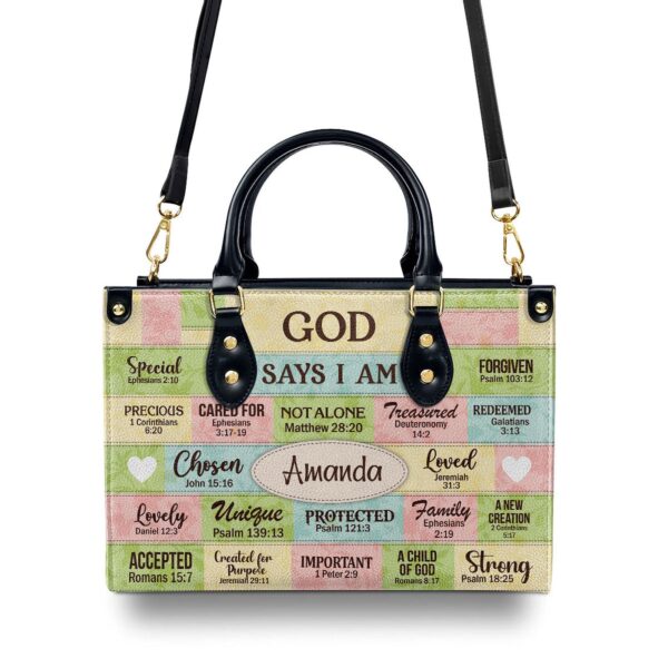 God Says I Am Personalized Leather Handbag with Zipper – Gift for Her