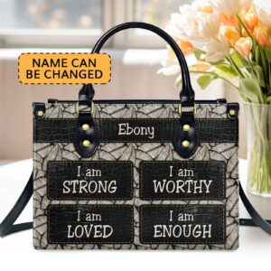 I Am Strong Personalized Leather Handbag with Zipper - Unique Gift Idea