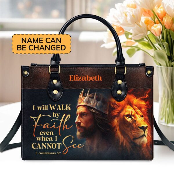 Custom Leather Handbag with Zipper I Will Walk By Faith Gift – Personalized Purse