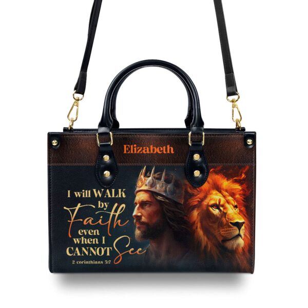 Custom Leather Handbag with Zipper I Will Walk By Faith Gift – Personalized Purse