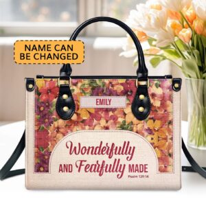 Custom Leather Handbag with Zipper Christian Ladies Gift Psalm 139:14 Fearfully Made