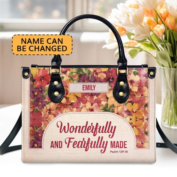 Custom Leather Handbag with Zipper Christian Ladies Gift Psalm 139:14 Fearfully Made