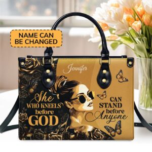 Personalized Leather Handbag with Zipper She Who Kneels Before God Gift