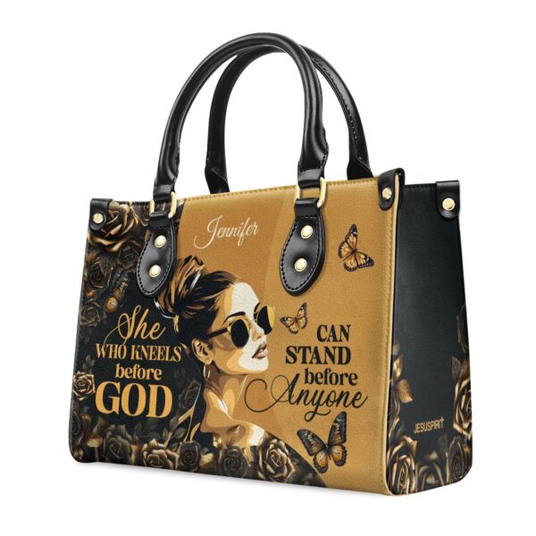 Personalized Leather Handbag with Zipper She Who Kneels Before God Gift