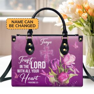 Custom Purple Leather Handbag with Proverbs 3:5 Design Tulip and Cross Gift