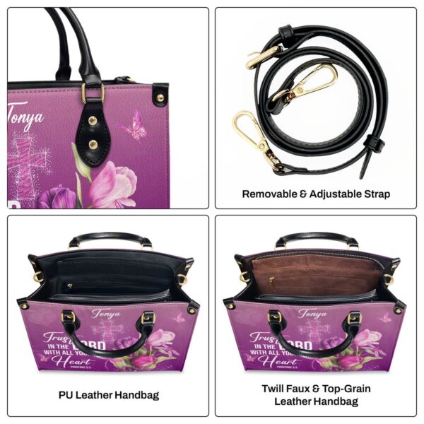 Custom Purple Leather Handbag with Proverbs 3:5 Design Tulip and Cross Gift