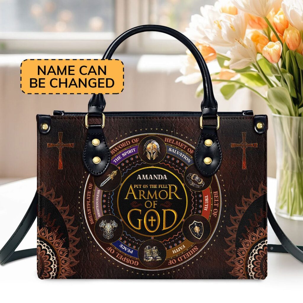 Custom Zippered Leather Handbag: Religious Gift for Worship Friends Armor of God