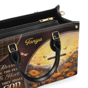Custom Zippered Leather Handbag: Religious Gift for Worship Friends Blessed Are The Pure 1