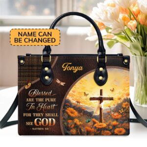 Blessed Are The Pure: Personalized Zippered Leather Handbag - Religious Gift for Worship Friends