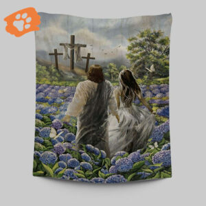 Pretty Girl Walking With Jesus in Purple Hydrangea Field Tapestry - Christian Wall Art Home Decor