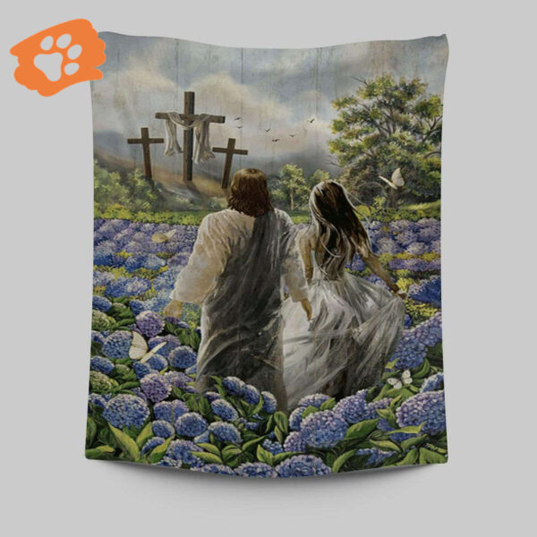 Pretty Girl Walking With Jesus in Purple Hydrangea Field Tapestry – Christian Wall Art Home Decor