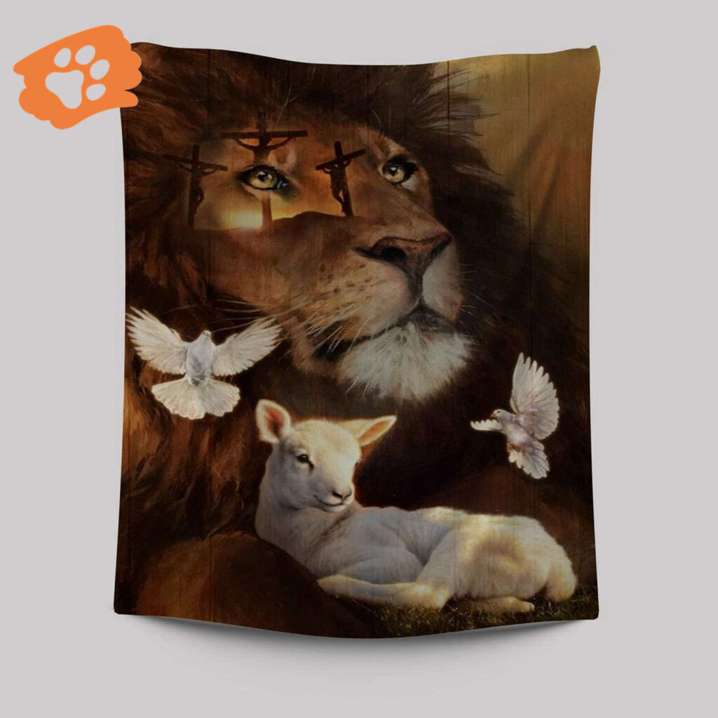 Religious Tapestry with Pretty Lion Watercolor Lamb White Dove and Cross Jesus Religious Tapestry with Pretty Lion Watercolor Lamb White Dove and Cross Jesus