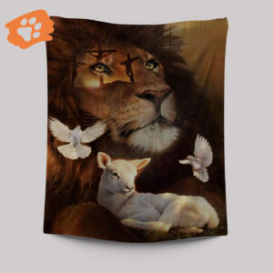 Religious Tapestry with Pretty Lion Watercolor Lamb White Dove and Cross Jesus