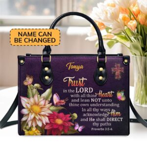 Personalized Leather Handbag Gift with Proverbs 3:5-6 Flower & Cross Design - Trust in the Lord with All Thine Heart