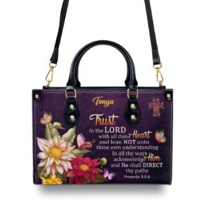 Personalized Leather Handbag Gift with Proverbs 3:5-6 Flower & Cross Design - Trust in the Lord with All Thine Heart 1