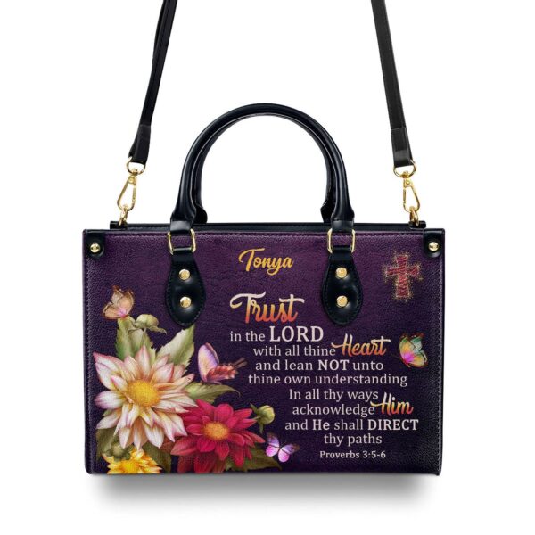 Personalized Leather Handbag Gift with Proverbs 3:5-6 Flower & Cross Design – Trust in the Lord with All Thine Heart