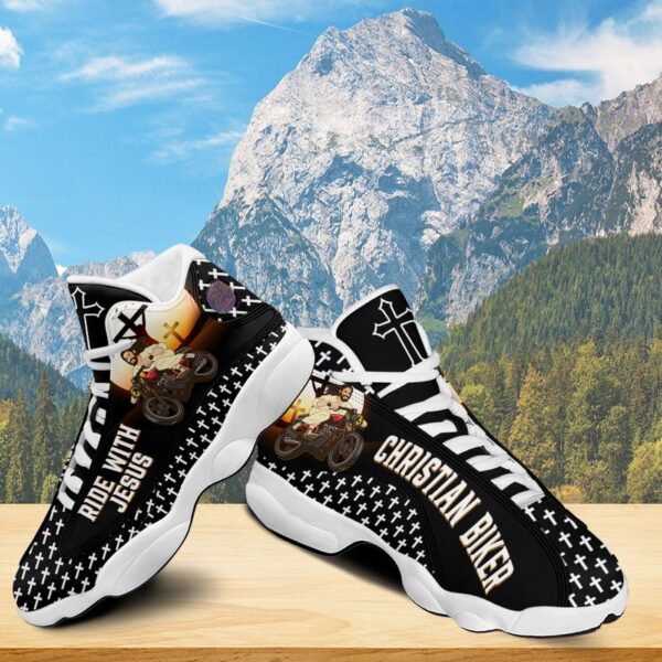 Ride With Jesus Basketball Shoes, Christian Biker Sneaker, Jesus Cross Footwear, Religious Gift, Running Shoes
