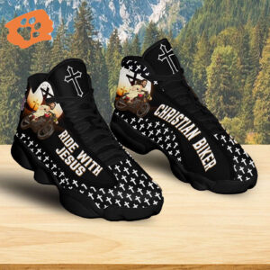 Ride With Jesus Basketball Shoes, Christian Biker Sneaker, Jesus Cross Footwear, Religious Gift, Running Shoes