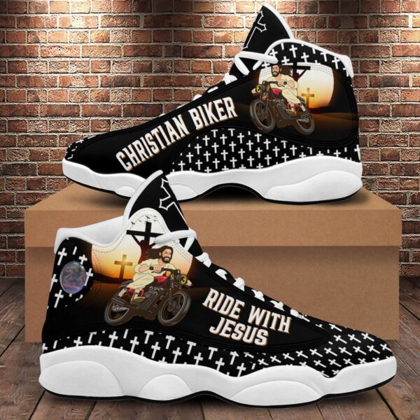 Ride With Jesus Basketball Shoes, Christian Biker Sneaker, Jesus Cross Footwear, Religious Gift, Running Shoes