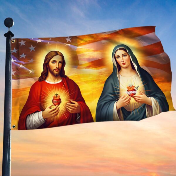 Sacred Heart Of Jesus Immaculate Heart Of Mary American Flag Patriotic Merch