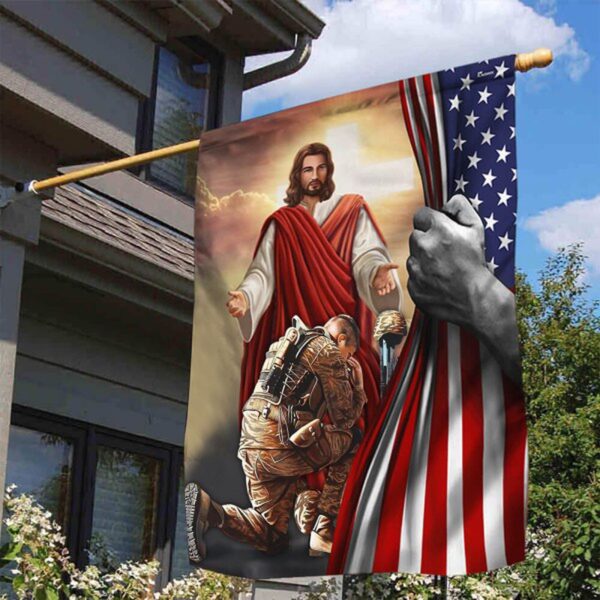 Soldier Kneeling God Jesus Inside American Flag Christian Memorial Military Decoration