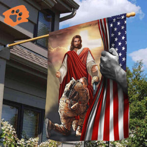 Soldier Kneeling God Jesus Inside American Flag Christian Memorial Military Decoration