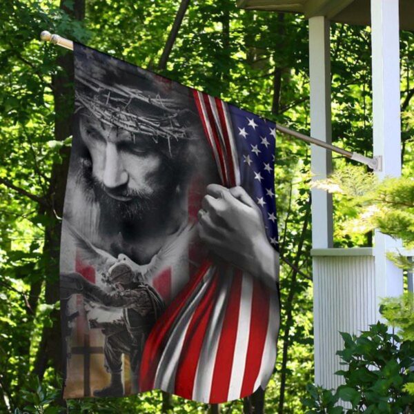 Soldier Kneeling Jesus Flag Inside American Flag Christian Memorial Military Fallen Soldiers