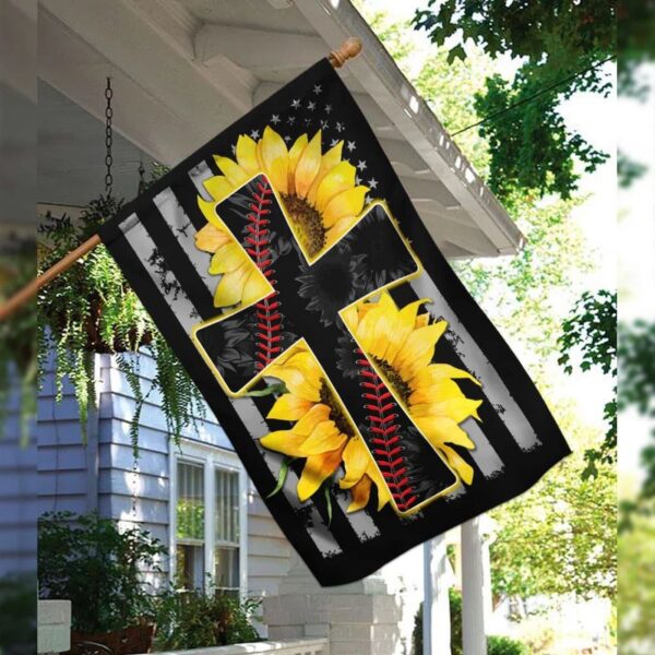 Sunflower Jesus Softball Christian Cross House Flag – Outdoor Religious Scripture Garden Banner