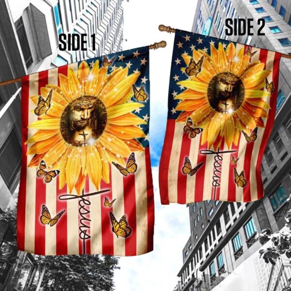 Sunflowers And Jesus Faith American House Flag – Outdoor Religious Christian Scripture Garden Banner