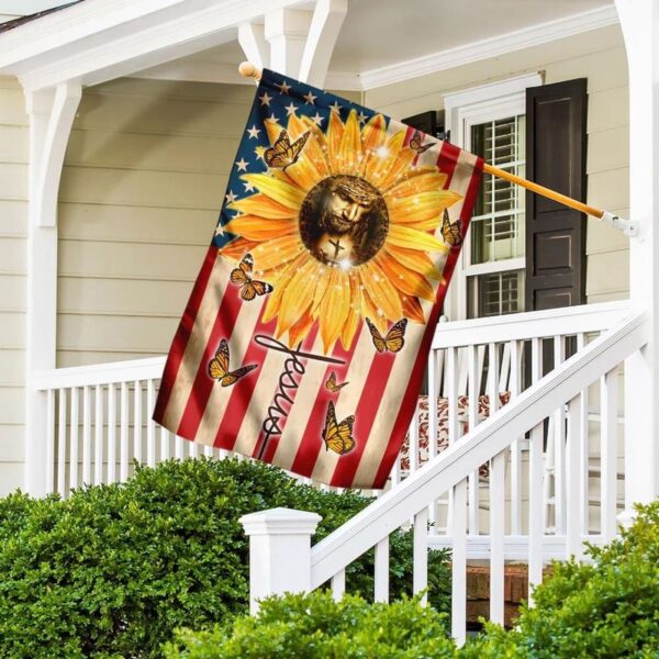 Sunflowers And Jesus Faith American House Flag – Outdoor Religious Christian Scripture Garden Banner