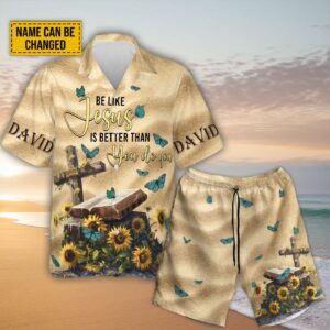 Custom Jesus Cross Sunflower Hawaiian Shirt - Be Like Jesus Set Christian Butterfly Hawaii Gift
