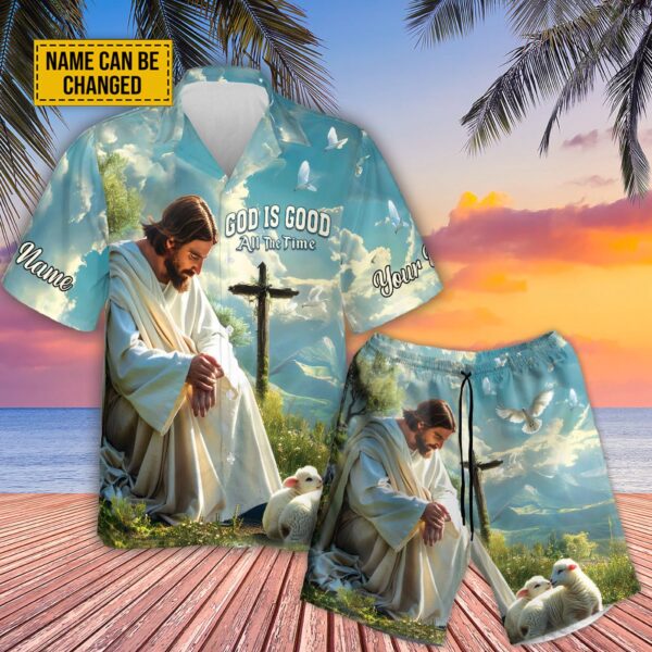 Customized Jesus & Lambs Hawaiian Shirt God Is Good All The Time Lamb of God Summer Aloha Set Christ Religious Gifts