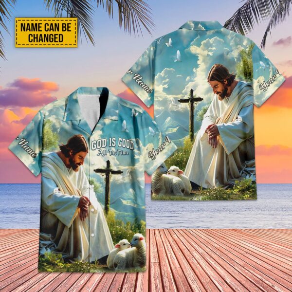 Customized Jesus & Lambs Hawaiian Shirt God Is Good All The Time Lamb of God Summer Aloha Set Christ Religious Gifts