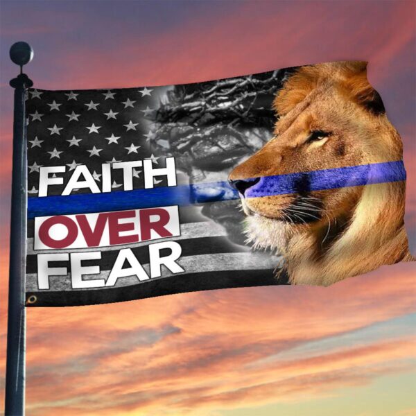 Thin Blue Line Faith Over Fear Jesus Lion Flag Law Enforcement Christian Decor