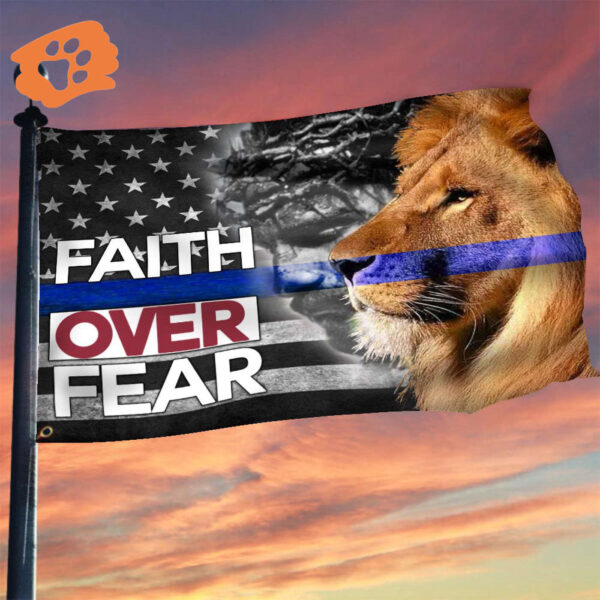 Thin Blue Line Faith Over Fear Jesus Lion Flag Law Enforcement Christian Decor