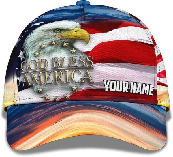 Us Flag With Cool Eagle God Bless America Custom Name Baseball Cap, Christian, Jesus Hat Trucker Classic Hats Gift