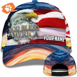 Us Flag With Cool Eagle God Bless America Custom Name Baseball Cap, Christian, Jesus Hat Trucker Classic Hats Gift