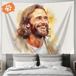 Jesus Christ Laughing Watercolor Tapestry Prints - Unique Jesus Picture Art