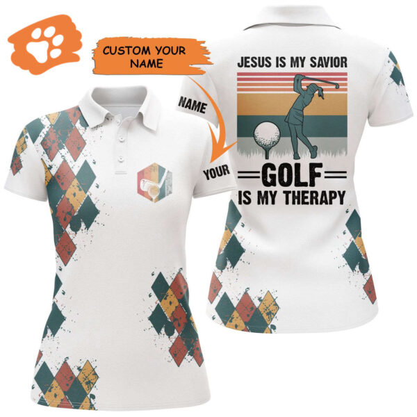 Custom Women s Golf Polo: Jesus Is My Savior Golf Therapy Vintage Tops – Ideal Gift for Her
