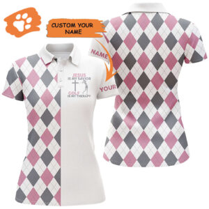 Custom Pink Argyle Plaid Women s Golf Polo Shirt - Jesus Is My Savior Golf Therapy Top