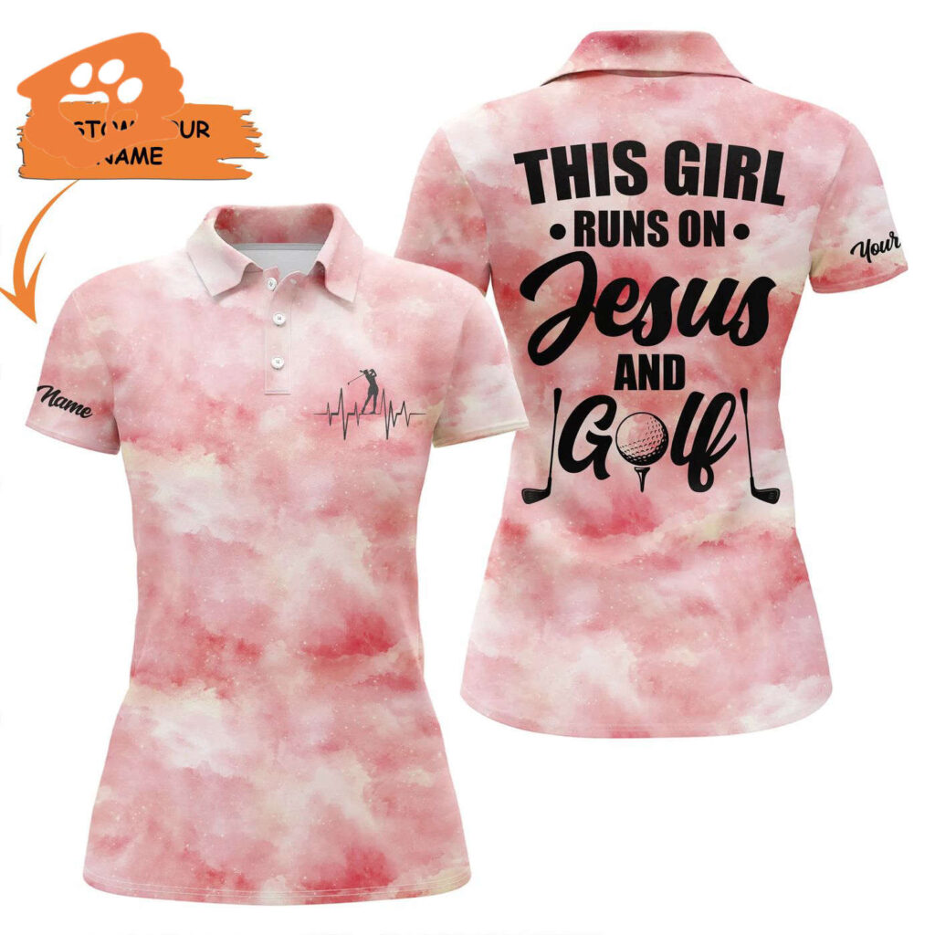 Custom Pink Galaxy Womens Golf Polo Shirt: This Girl Runs On Jesus And Golf – Best Gift For Women Custom Pink Galaxy Womens Golf Polo Shirt: This Girl Runs On Jesus And Golf – Best Gift For Women